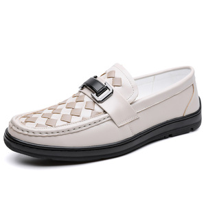 Mocassins en cuir véritable à bout rond, à enfiler, semelle souple en caoutchouc, boucle à carreaux, chaussures décontractées pour hommes toutes saisons - Product Image 5