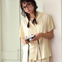 Sweethoney – ensemble 2 pièces pour femmes, vêtements de maison à revers, à manches courtes, coupe ample, design uni, adapté au printemps et à l'été