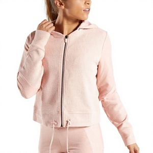 Custom Light <b>Pink</b> Textured Hoodie Women Drawstring Hem Full Zip Athletic Jacket <b>Pink</b> Waffle Knit Full Zip Hoodie Cinch Hem - Product Image 1