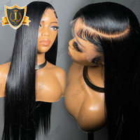 Perruques en cheveux synthétiques mélangés à des cheveux humains, tressage de cheveux, noir de jais, 32 pouces, dentelle frontale avec cheveux de bébé, perruques en filament de protéines brésiliennes