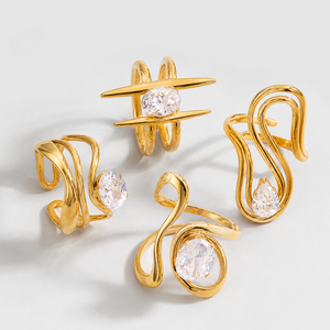 Women's 18K Gold <b>Plate</b> Stainless Steel <b>Rings</b> Modern Minimalist Lines Double-layer Hollow Geometric Large Zircon Open Gift - Product Image 6