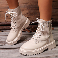 Bottes à lacets à double fermeture éclair pour femmes, plateforme épaisse, semelle à crampons, bout rond, en cuir PU, bottes de combat noires et crème
