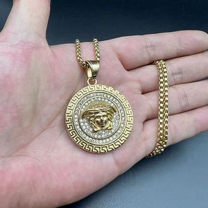 <b>Titanium</b> Steel Gold Plated Rhinestone Face Pendant Necklace Unisex Party Jewelry Geometric Design Pave Setting DZ888 - Product Image 4