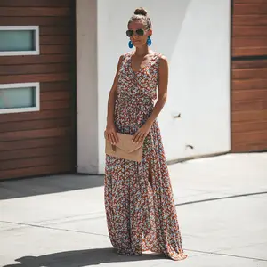 2022 new arrivals spring summer knitted boho long maxi dress v-neck digital print strap beach ladies clothes
