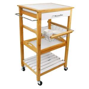 Chariot de service de cuisine en bambou personnalisé à 4 niveaux avec tiroir réglable, panier et plateau en fil amovible - Product Image 1