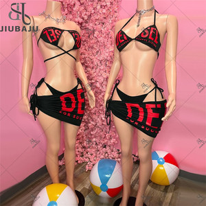 Set Bikini Pantai Musim Panas Motif Huruf Hitam 3 Potong Set Rok Seksi Pakaian Klub Wanita 2025 Baju Renang - Product Image 2