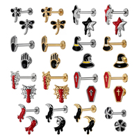 Piercing Labret en Acier Chirurgical 316L avec Croix de Cercueil Gothique Vampire Émaillée, Bijou de Piercing Lèvre et Boucles d'Oreilles à Dos Plat pour Hélix Tragus 16G