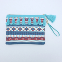 Tas Clutch Kanvas Motif Geometris Boho dengan Ritsleting Rumbai & Tali Pergelangan Tangan, Tas Makeup & Dompet Portabel, Kantong Kosmetik untuk Pesta