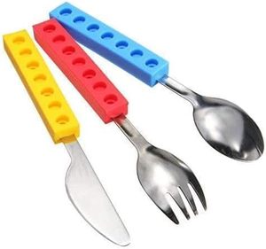 Newsun Silicone Handle Metal Cartoon Children's Eco-friendly School Use Square <b>Building</b> <b>Block</b> Flatware Set Training Spoon Fork - Product Image 3