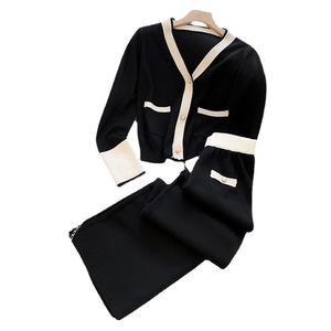 Set in Maglia con Finiture a Contrasto Stile Socialite, Elegante <span class=keywords><strong>Cardigan</strong></span> <span class=keywords><strong>Bianco</strong></span> e <span class=keywords><strong>Nero</strong></span> e Pantaloni a Gamba Larga per Outfit da Ufficio - Product Image 5