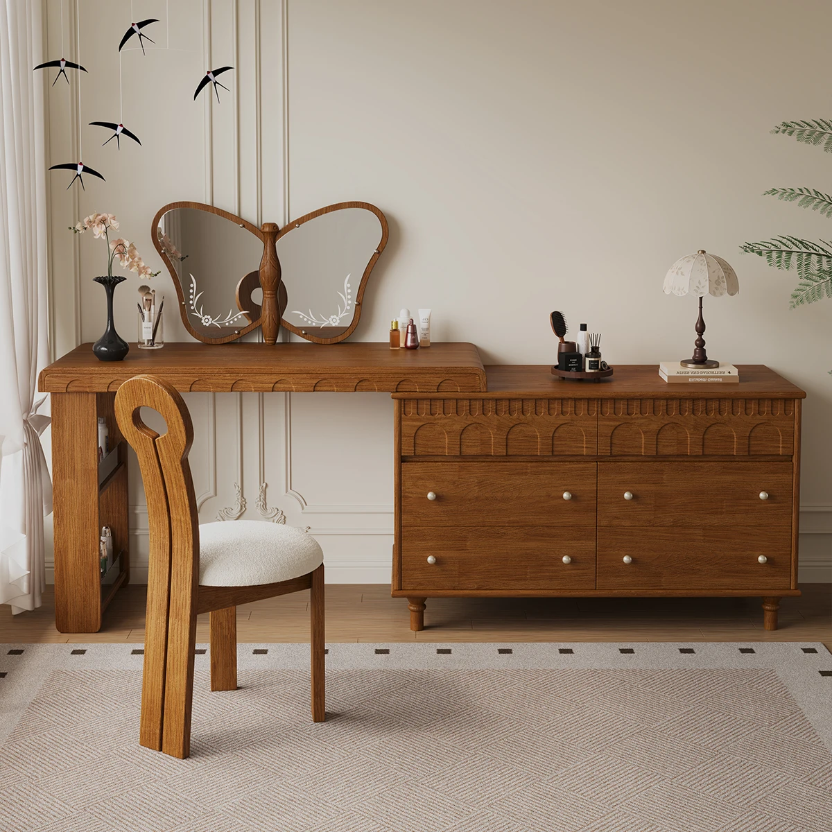retro vintage dressing table Solid Wood Dressing Table Cabinet Integrated American Retro Dressing Table Bedroom Simple Retractable Dressing Table 68.692.0x15.7x30.9 inch / 174.2