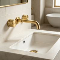 Robinet de lavabo mural pour salle de bain avec deux boutons de commande, bec long. Robinet de lavabo moderne avec poignée antidérapante