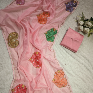 Bebé Rosa puro Tebby seda sari con estampado de flores trabajo a mano más de moda exportación última blusa exclusiva fiesta boda desgaste mujeres - Product Image 1