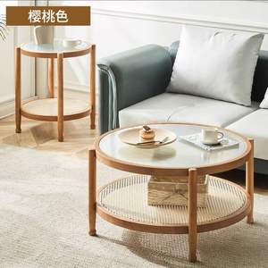 Mesa de Centro Vintage de Madera Maciza y Ratán con Vidrio Templado, Doble Capa, Redonda, Simple, para Apartamentos Pequeños - Product Image 4