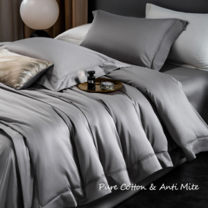 100% Bộ bốn mảnh cao cấp bằng cotton nguyên chất-bộ đồ giường đơn giản và thời trang màu xám bạc, thoải mái và có thể giặt được - Product Image 5