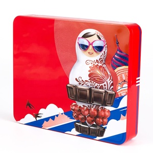 Boîte en fer blanc rectangulaire grande taille de qualité alimentaire pour le marché russe, avec couvercle à encoche, motif Matryoshka, corps encastré, recyclée - Product Image 1