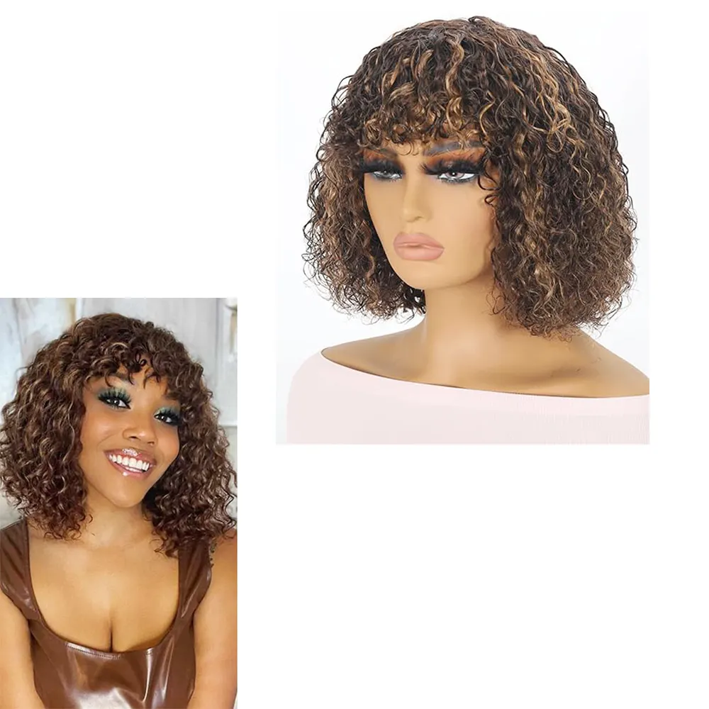 Fuxiao Hair Highlighted Brown Color Factory Glueless Brazilian Wavy Curly Bang Wigs Hd Lace Virgin Human Hair Wigs With Bangs