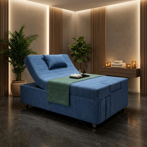 Table de massage bleue rembourrée avec cadre en bois réglable pour salon, spa, soins du visage et esthétique - Product Image 2