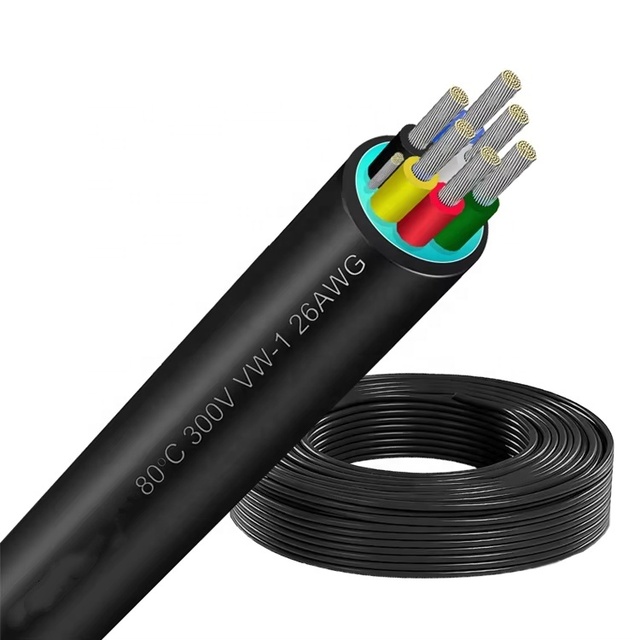 6 Conductor 26AWG Stranded Shielded Plenum-Rated 300V Tinned Copper Flame Resistant Black PVC Power Wire Cable for Car Home