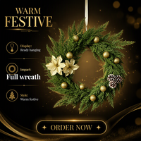 Guirlande artificielle de Noël ronde avec feuilles de pin, boules dorées, cône de pin, décoration florale suspendue pour porte, mur, cheminée