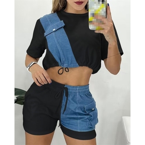 Mode Casual Sommer Patchwork Farb block Sexy Sportswear Kurzarm Casual Biker Short Set 2 Zweiteilige Biker Shorts Sets - Product Image 3