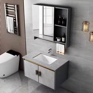 Vente en gros <span class=keywords><strong>d</strong></span>'usine Armoire de salle de bain murale grise à double porte en PVC avec miroir LED pour lavabo pour salle de bain <span class=keywords><strong>d</strong></span>'hôtel - Product Image 1