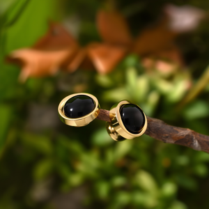 Fashion <b>Stud</b> <b>Earrings</b> 316L Stainless Steel PVD Gold Plating <b>Black</b> Stone Round Design - Product Image 3