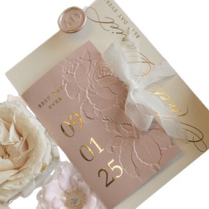 Invitación Floral Rosa Suave con Grabado en Relieve, Borde Crudo con Cinta Dorada en Cursiva, Juego de Papel Personalizado para Boda al Aire Libre - Product Image 2