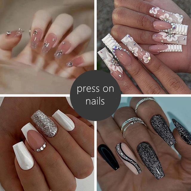Qianya Ballet Press on Nails 24 Pcs - Sparkling Diamond Glitter Nail Art Set Sweet Cool Girl Luxury False Nails with Glue