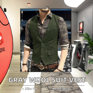 Chaleco de Traje para Hombre, Corte Slim Fit, Lana Tweed, Cuello en V, Estilo Vintage, para Negocios, Bodas, Casual, Color Gris, para Otoño - Product Image 2