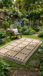 Tapis géométrique en jute et laine tissé à la main |   Tapis de sol rustique style bohème à pompons pour salon et chambre à coucher, décoration intérieure - Product Image 6