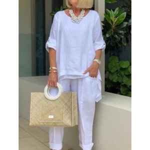 ชุดเซ็ต 2 ชิ้น เสื้อคอกลมสีพื้น กางเกงลำลอง แฟชั่นสำหรับผู้หญิง ฤดูร้อน - Product Image 2