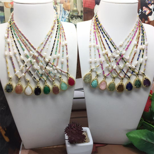 Vintage pêra forma rosa quartzo tigre olho gemstone strass pingente na camisola longa cadeia pérola pedra grânulos colar para o presente - Product Image 4