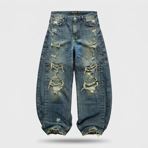 Jeans de Algodón 100% para Hombre, Corte Holgado, Estilo Vintage, con Logotipo Personalizado, Lavado, Desgastado, de Pierna Ancha, para Tallas Grandes - Product Image 1