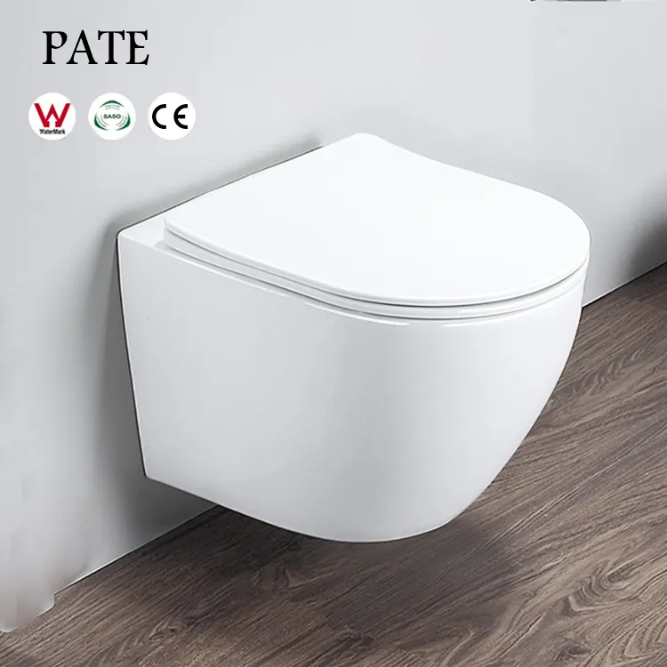 PATE Toilet Gantung Dinding Kamar Mandi, Toilet Gantung Dinding Bulat Putih Matt Tanpa Pinggiran CE