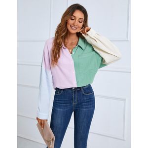 Camisa de Mujer con Botones, Bloques de Color, Manga Larga, Informal, de Algodón y Fibra de Bambú, Popelina, para Uso Diario - Product Image 5