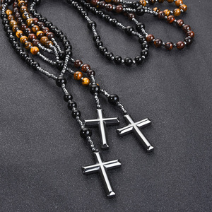 Nuevo Collar de Moda con Cuentas Redondas de Obsidiana y Ojo de Tigre, Cadena Larga con Cruz, Joyería y Accesorios para Hombre - Product Image 3