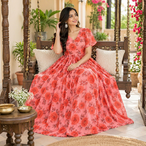 Vestido Largo Maxi de Verano para Mujer, Estampado Floral Naranja Coral, Cuello en V, Manga Corta, Elegante, para Fiesta - Product Image 1
