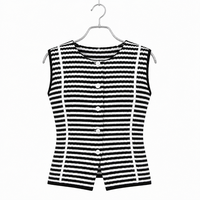 OEM ODM Personnalisé Coréen Été Femme Noir Blanc Rayé Sans Manches Gilet Tricoté Coupe Ajustée Boutonné
