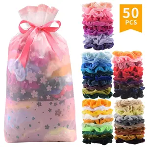 50 / 60 düz renk seti paketi çantası yüksek kaliteli özel elastik saç bandı bağları ipek saten kadife scrunchies çeşitli renkler
