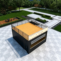Kiosque mobile de café en conteneur extensible, structure en acier modulaire avec terrasse sur le toit, escalier extérieur, centre commercial en plein air