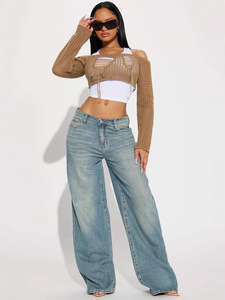 Jean en denim indigo vintage pour <span class=keywords><strong>femme</strong></span> 2026, coupe ample, jambe large, décontracté, amincissant, coupe droite, longueur au sol, OEM/ODM, délavé, automne - Product Image 1