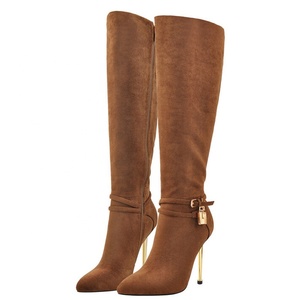 Big Size EU 46 Suede Women Pointy Toe <b>Knee</b> <b>High</b> Boots Stiletto Metal Lock Decor Long Booties <b>High</b> Metal Thin Heels Shoes - Product Image 2