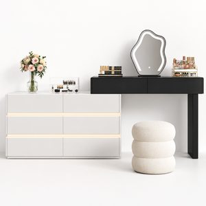 Ensemble <span class=keywords><strong>de</strong></span> coiffeuse moderne à LED avec miroir éclairé, <span class=keywords><strong>tiroirs</strong></span> <span class=keywords><strong>de</strong></span> rangement et tabouret pour chambre à coucher - Product Image 1