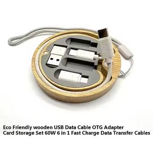 Kit de adaptador multiUSB multifuncional Caja de almacenamiento de bambú con kit de cable de bolsillo de carga rápida Convertidor Adaptador <span class=keywords><strong>USB</strong></span> C a tipo C - Product Image 4