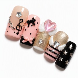 10 faux ongles carrés courts à presser, avec strass 3D, nœud et étoile, style French, pré-dessinés pour femmes - Product Image 5