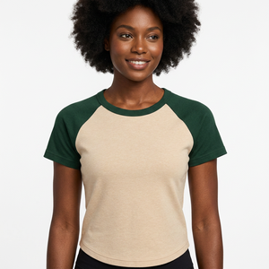 T-shirt Raglan Grande Taille Femme Beige Vert Manches Courtes Col Rond Couleur Unie Décontracté 100% Coton Respirant Broderie Jersey - Product Image 1