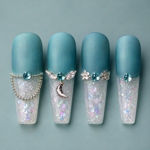 Ongles artificiels bleus mats effet œil de chat à presser, avec paillettes et strass, forme stiletto, couvrance totale, 10 pièces - Product Image 5