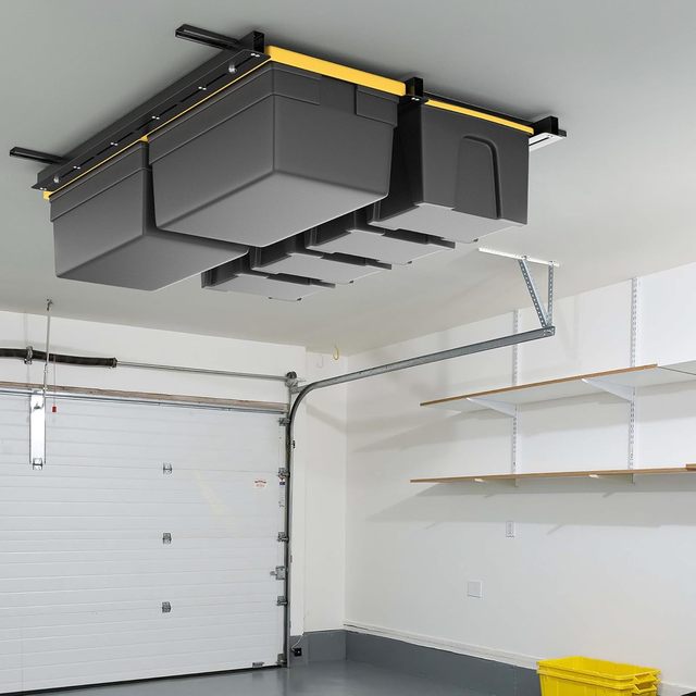 Customizable Garage Overhead Storage Rack Adjustable Hanging Tote Bin Organizer Space Saving