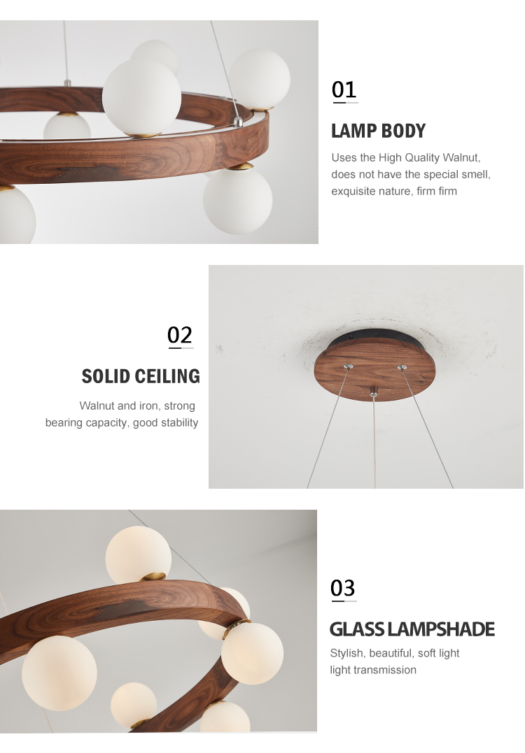 New Design Style Decoration Bedroom Interior Walnut Wooden Glass Round G9 Chandelier Light
